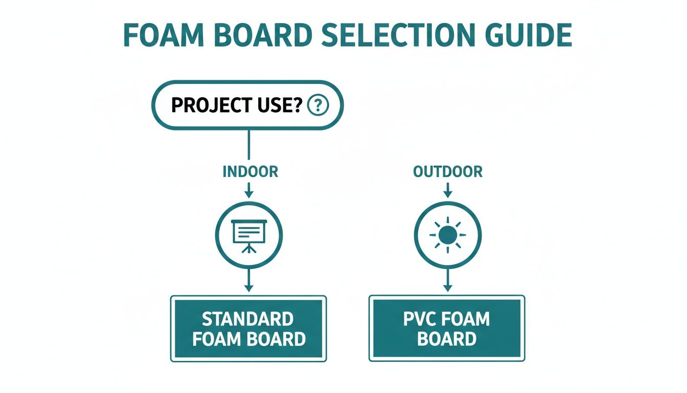 Foam board selection guide infographic showing choices for indoor (standard) and outdoor (PVC) projects.