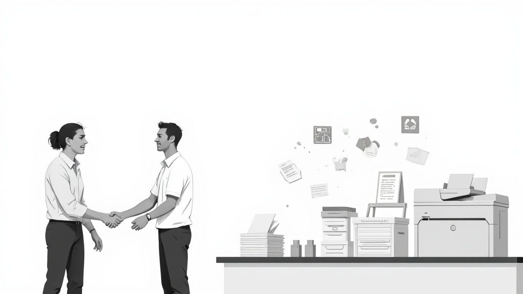 A person comparing print samples from different printing services on a well-lit desk.