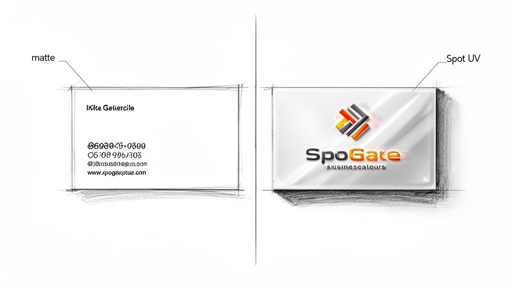Conceptual sketch of two business card designs, one matte and one with a Spot UV finish.