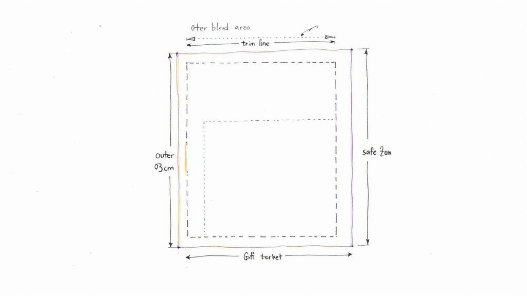 Diagram showing bleed, trim line, and safe area on a business card design