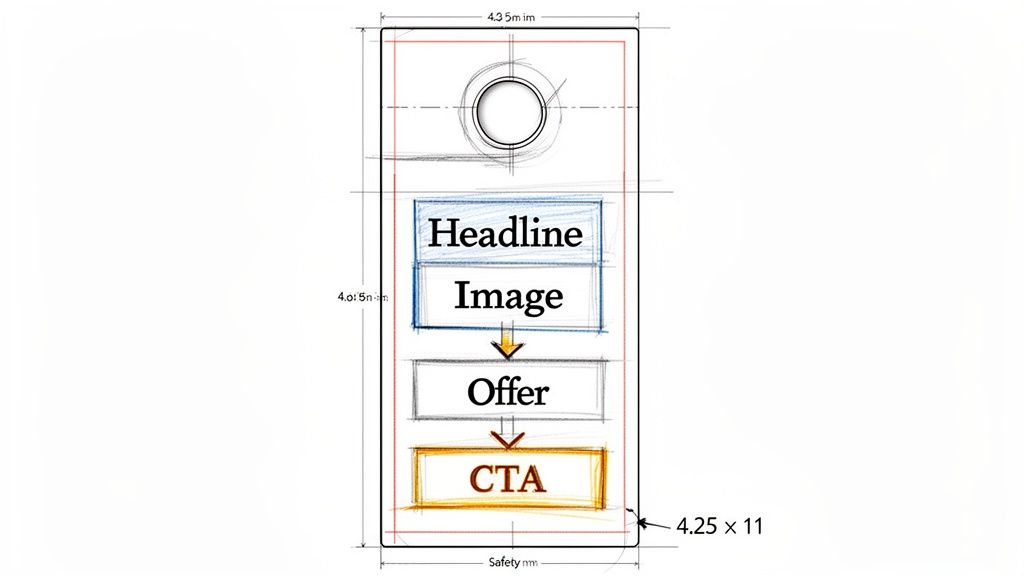 A detailed blueprint of a door hanger design, showing layout elements like headline, image, offer, and CTA.