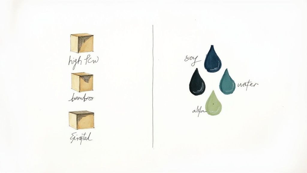 Watercolor illustration depicting natural materials like bamboo and eucalyptus, alongside soy, water, and alfalfa drops.