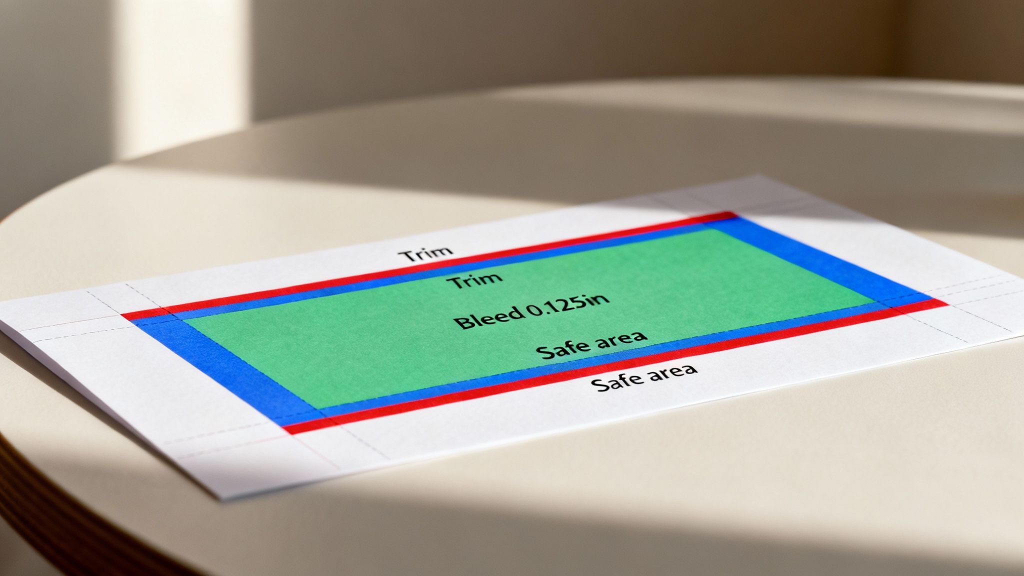 A detailed print design guide showing trim, bleed 0.125in, and safe areas on a white paper.