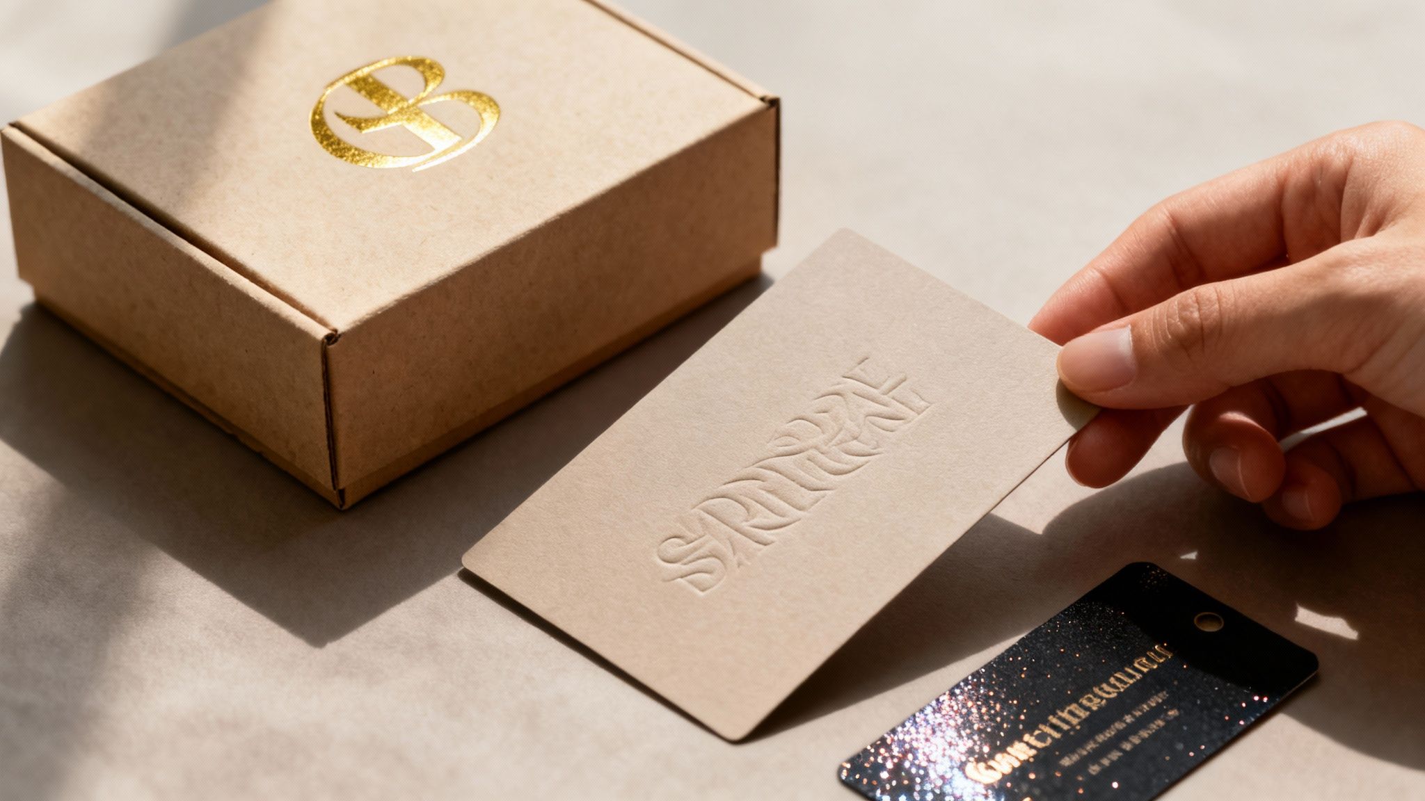 A hand holds an embossed card next to a gold-foiled brown box and a glittery black tag.