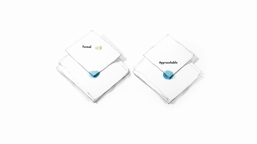 Two stacks of white square cards: 'Formal' with a waving hand, and 'Approachable', each with a blue ink spot.