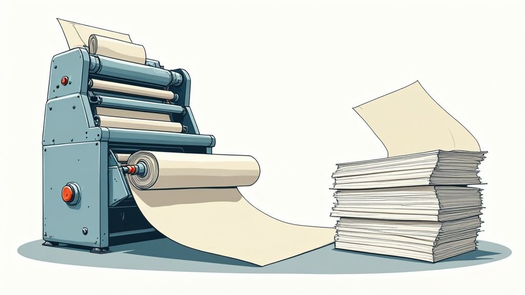 A designer carefully checking a print proof under a lamp, highlighting the final quality control step.