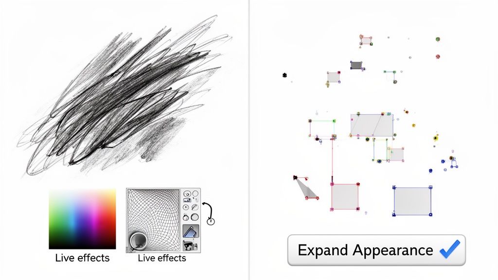 Illustration showing a messy sketch processed into detailed vector outlines with live effects and an 'Expand Appearance' function.
