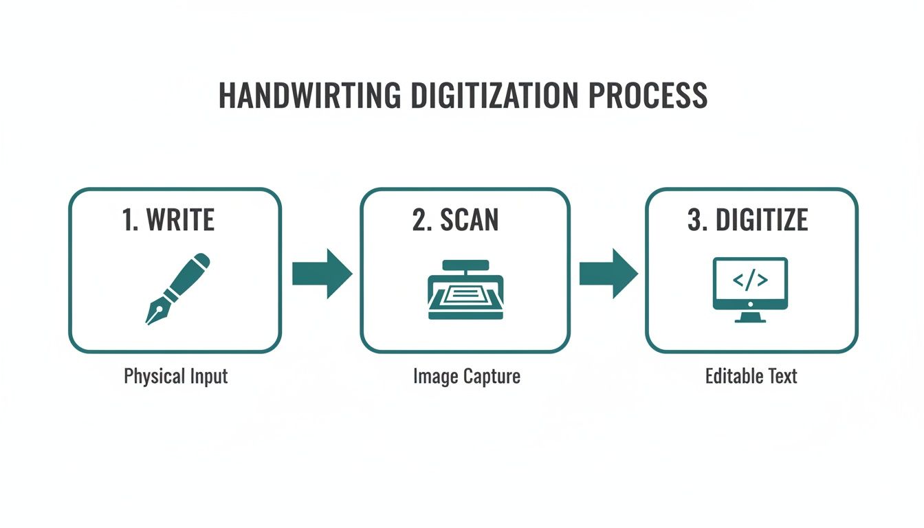 A flowchart illustrates the three-step handwriting digitization process: write, scan, and digitize into editable text.