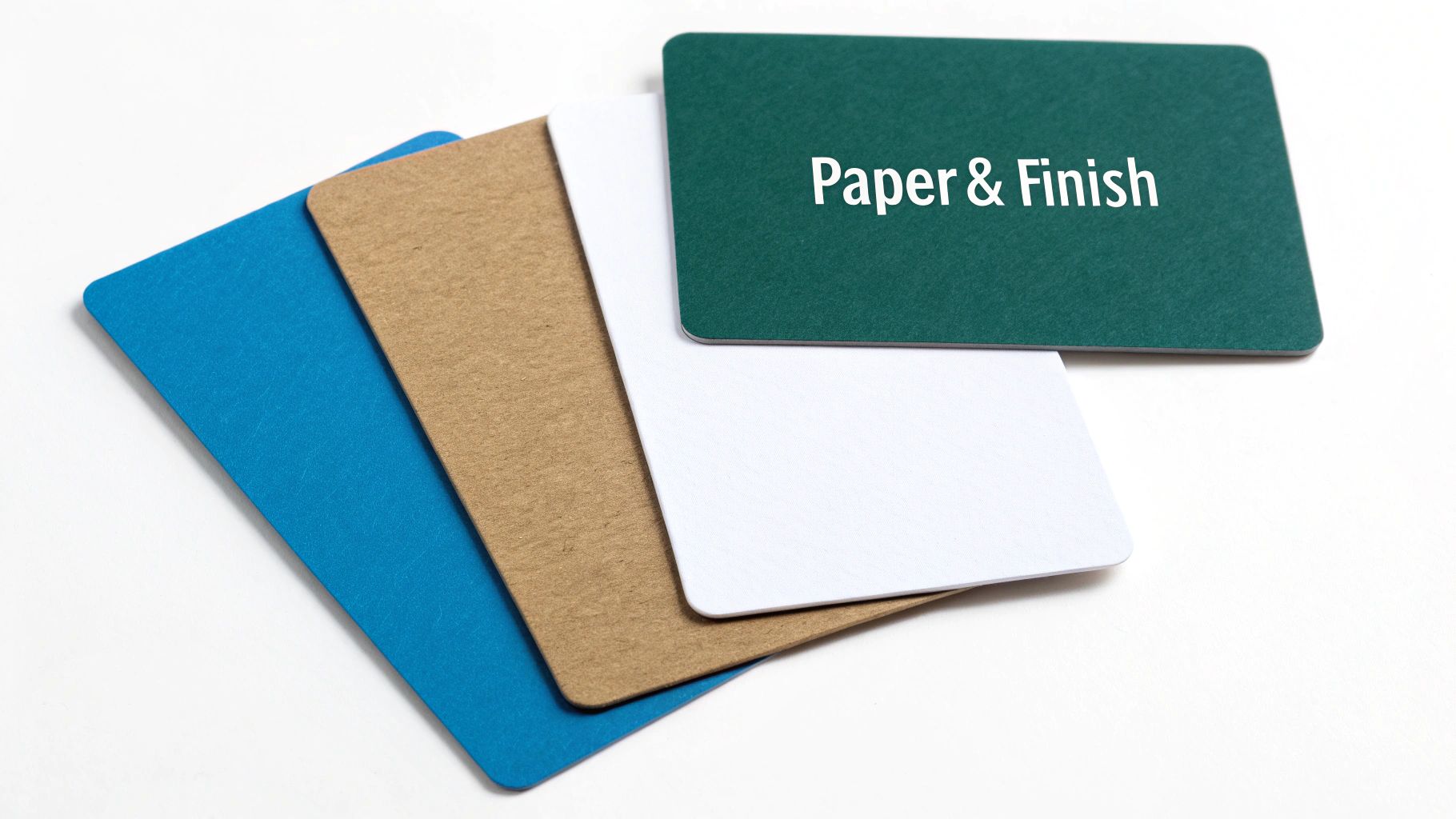 A collection of business cards with rounded corners, showing different paper types and finishes.