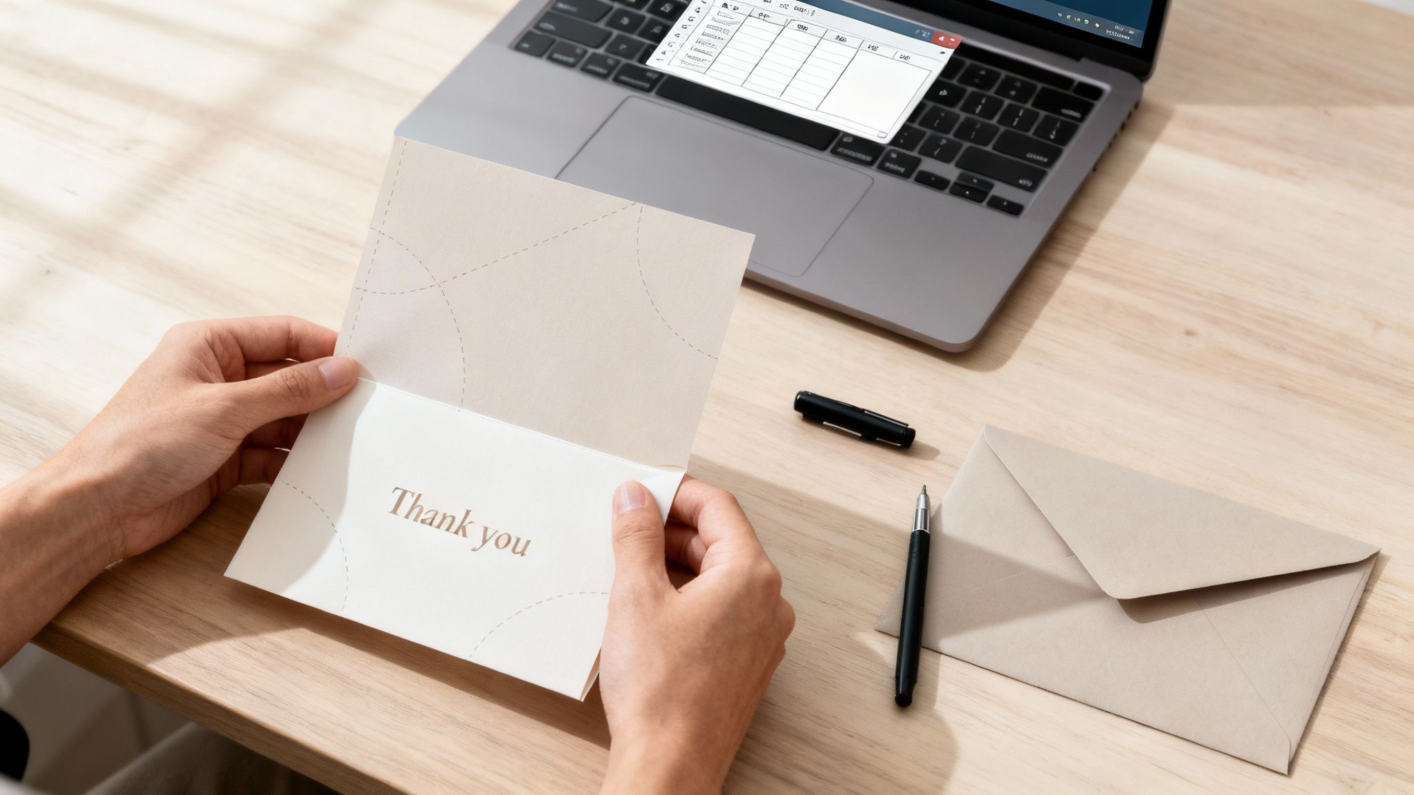 Person holding an open 'Thank you' card on a wooden desk with a laptop and an envelope.