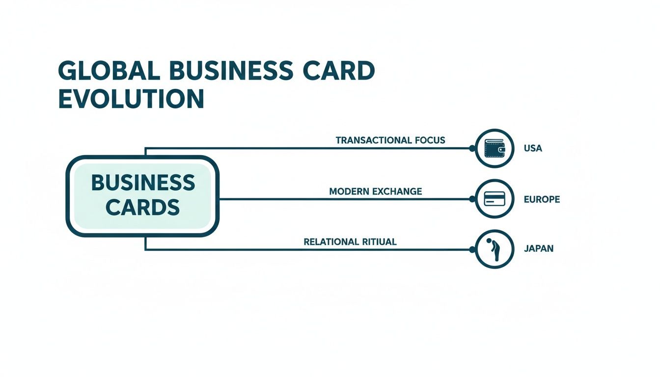 Infographic on global business card evolution, highlighting cultural differences in purpose and exchange.