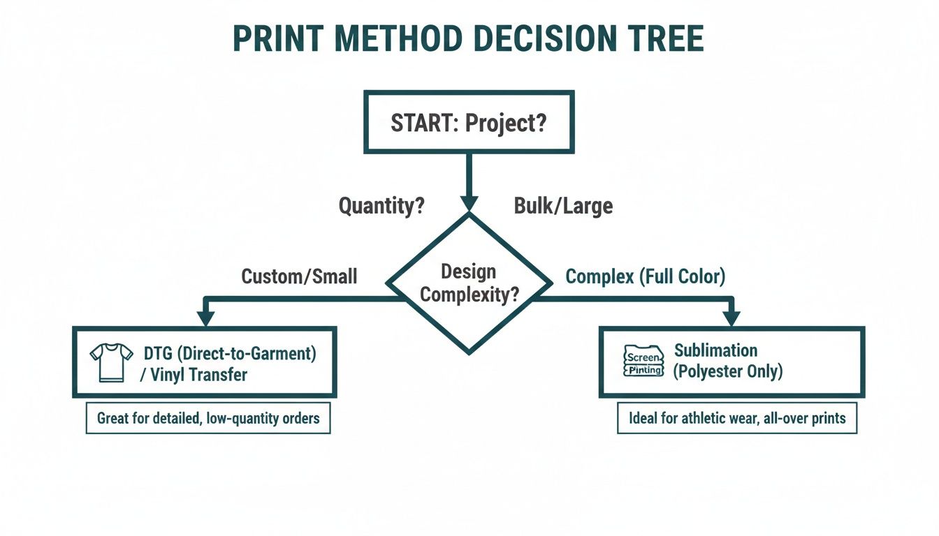Flowchart showing a print method decision tree, guiding selection between DTG/Vinyl Transfer and Sublimation based on quantity and design complexity.