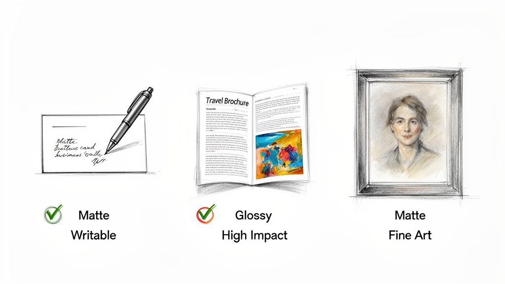 Three illustrations show print finishes: matte for a writable business card and fine art, glossy for a travel brochure.