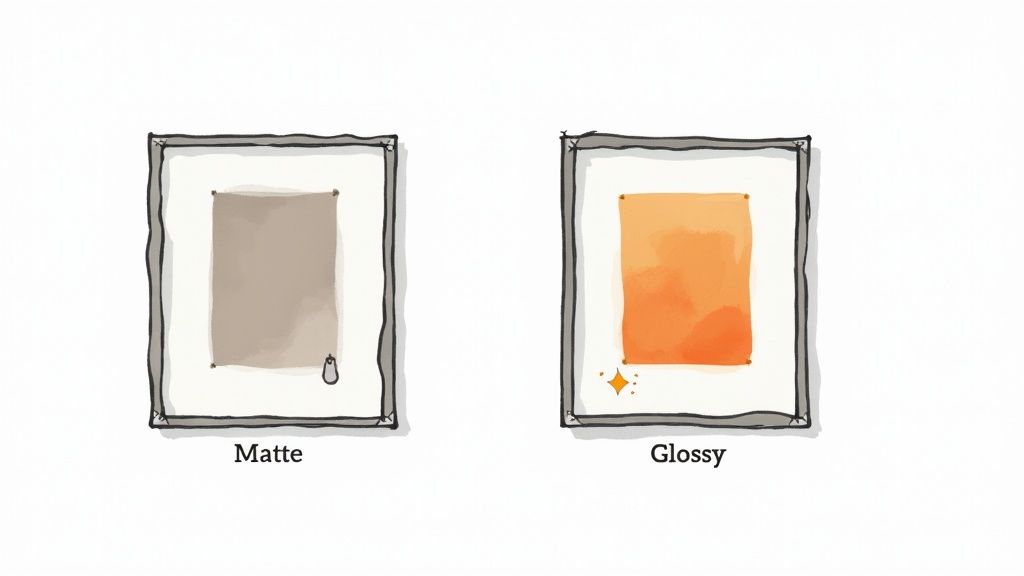 Two photos, one with a glossy finish and one with a matte finish, held side-by-side to show the difference in reflection and color saturation.