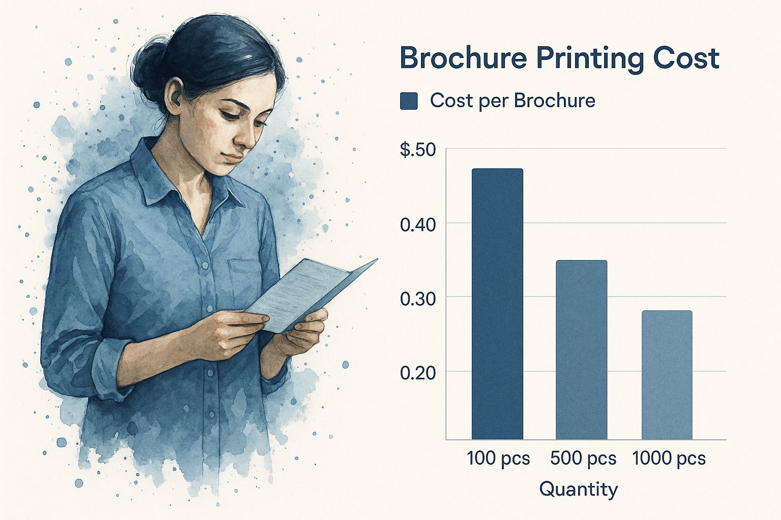 Infographic showing that as brochure quantity increases, the cost per brochure decreases. For example, 100 brochures might cost $1.50 each, while 1000 brochures cost $0.30 each.