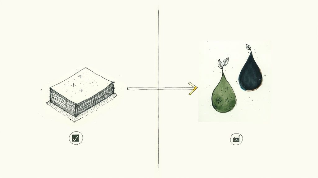 Illustration depicting the transformation from paper to sustainable, eco-friendly printing solutions.