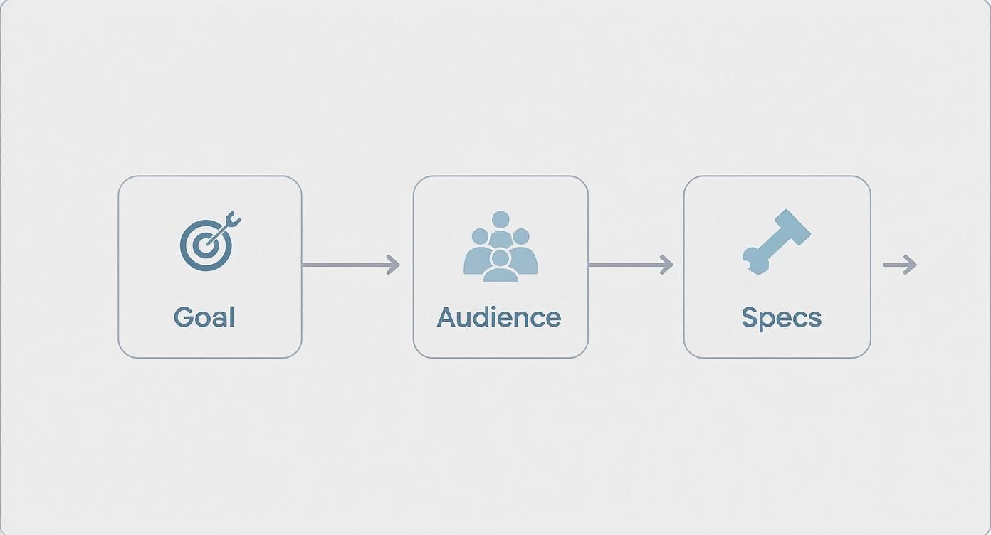A process diagram illustrating the sequence of Goal, Audience, and Specs in project planning.