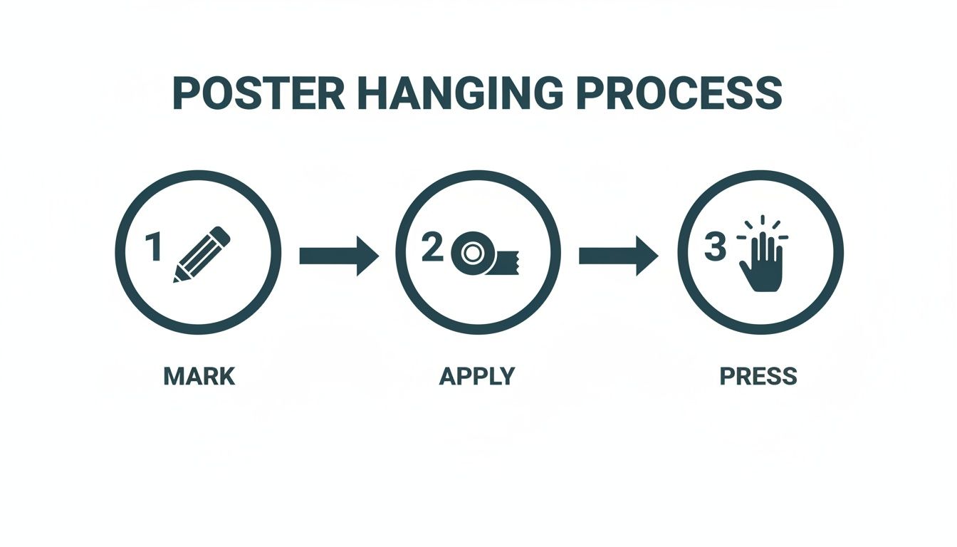 A three-step infographic illustrating the poster hanging process: mark with a pencil, apply tape, and press.