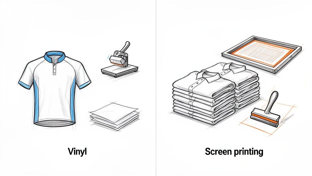 Illustration comparing vinyl heat transfer printing with a polo shirt and heat press, to screen printing with folded shirts, screen, and squeegee.