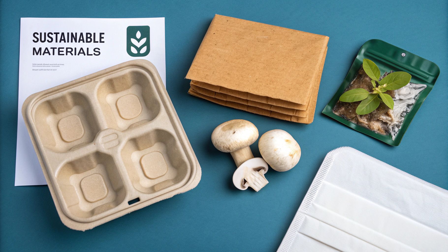 Sustainable ecommerce packaging materials including biodegradable food containers, cardboard mailers, and compostable pouches on blue background