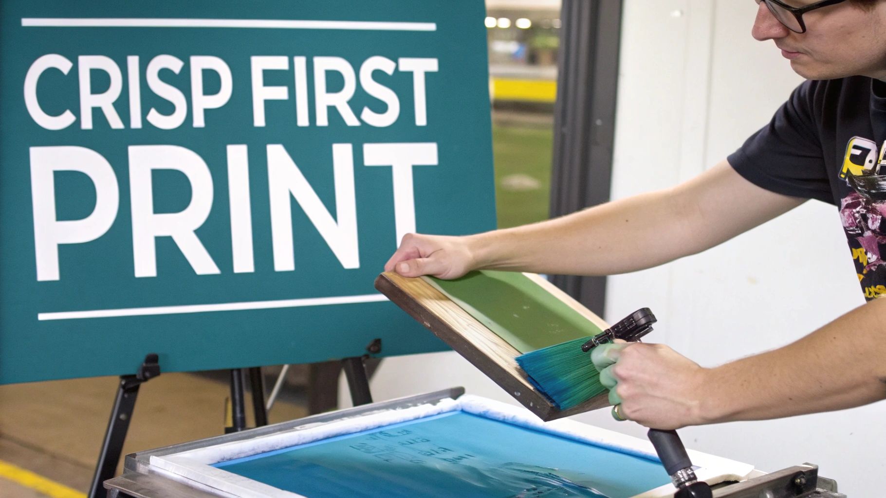 Person using squeegee to screen print green ink onto frame with print screen