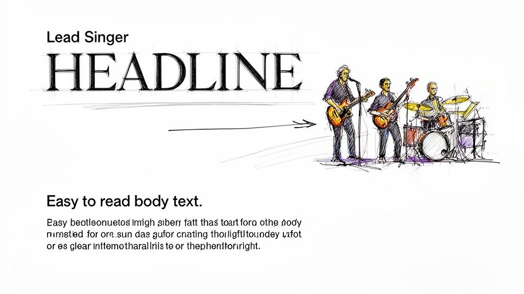 A band illustration next to headline and body text, demonstrating layout and design elements.