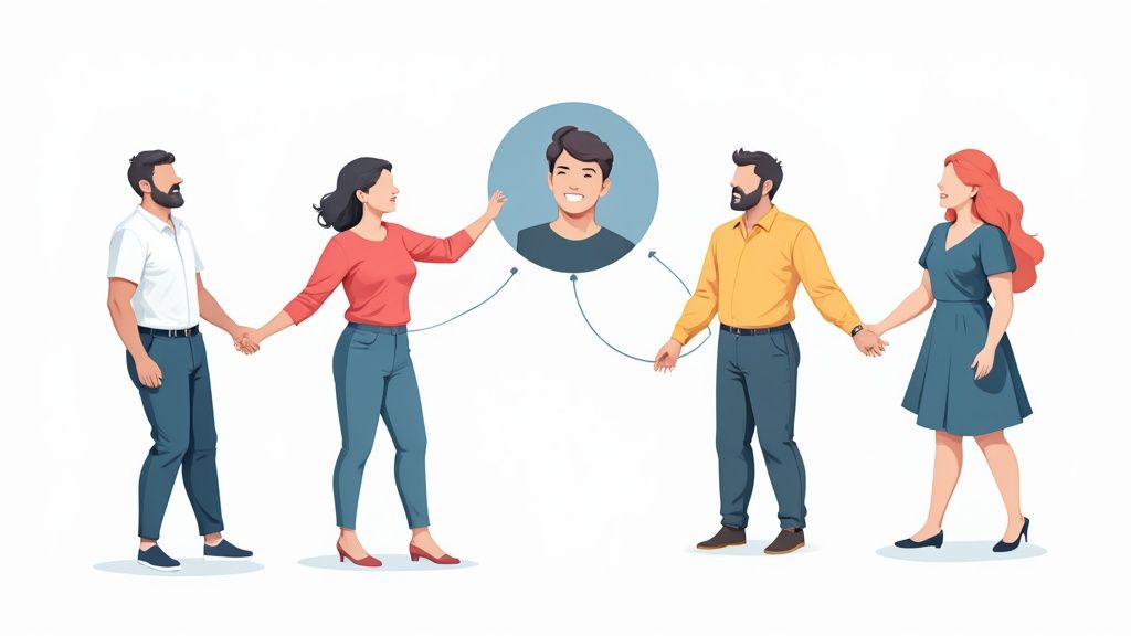 A diverse team collaborates around a whiteboard, mapping out customer journey points with sticky notes.