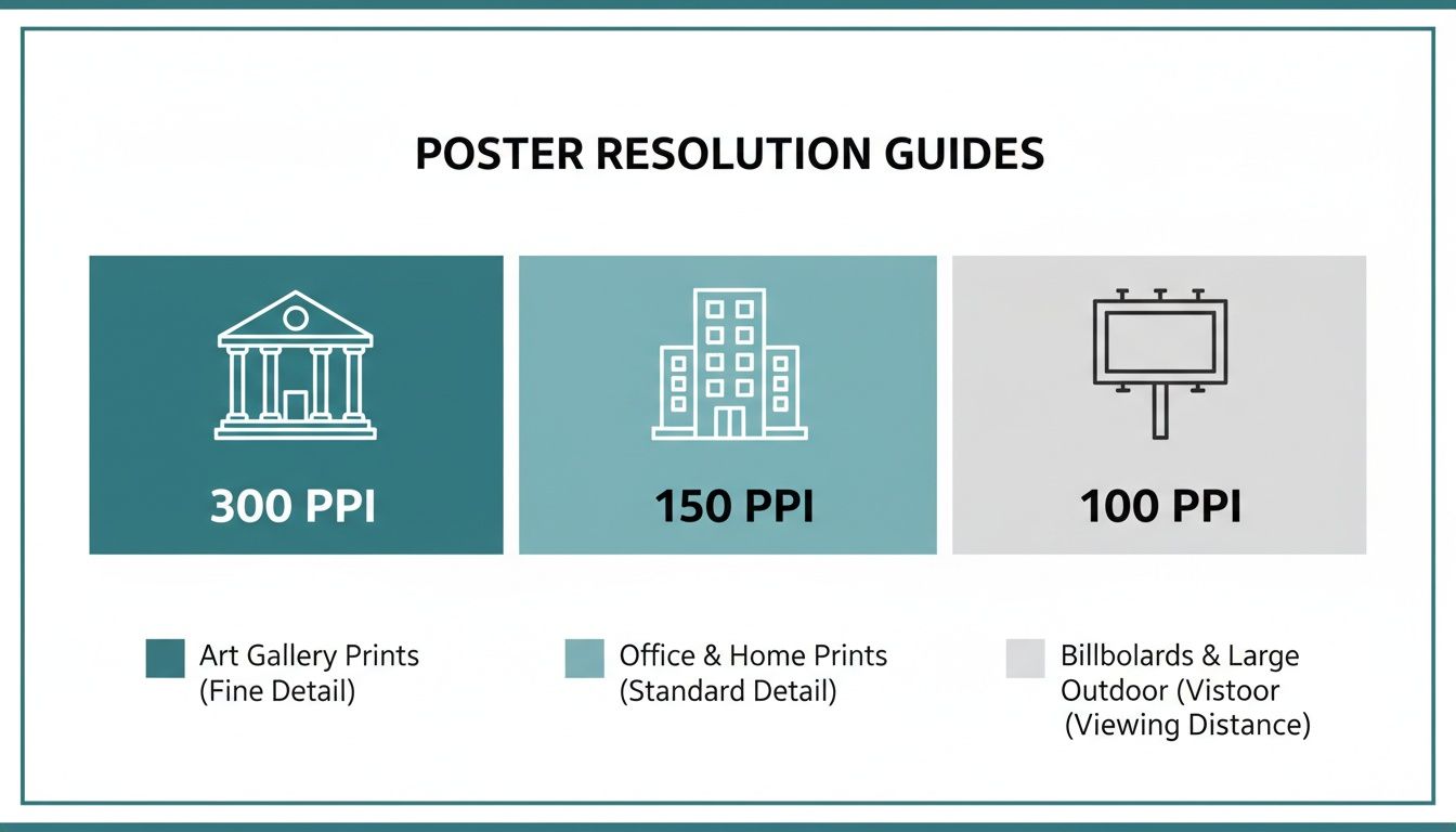 Visual guide showing poster resolution in PPI for art gallery, home, and outdoor billboard prints.