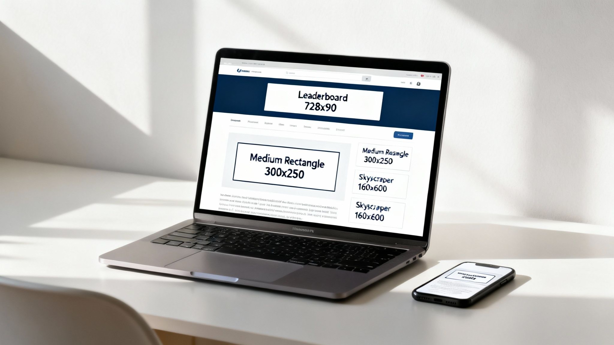 A laptop and a smartphone on a white desk display various banner ad sizes in a sunlit workspace.