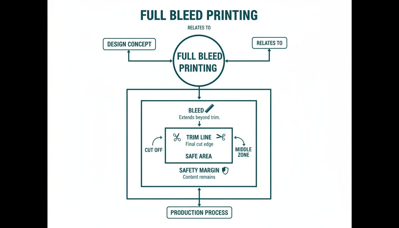 A detailed diagram illustrating full bleed printing, showing bleed, trim line, safe area, and safety margin.