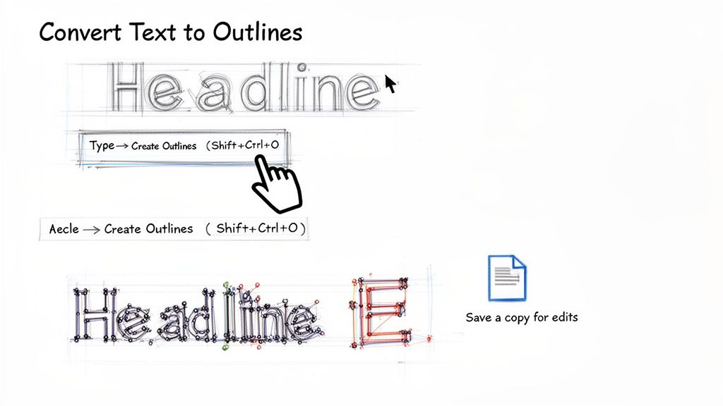 A visual guide showing steps to convert text into outlines using a design software menu and keyboard shortcut.