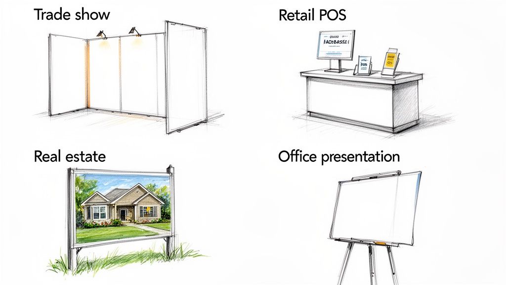Illustrations showing various foam board applications: a trade show booth, retail POS, real estate sign, and office presentation whiteboard.