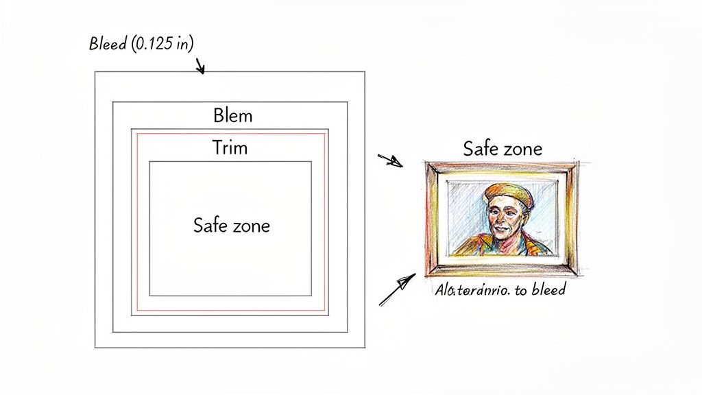 Diagram illustrating print bleed, trim, and safe zone areas, with an example portrait.