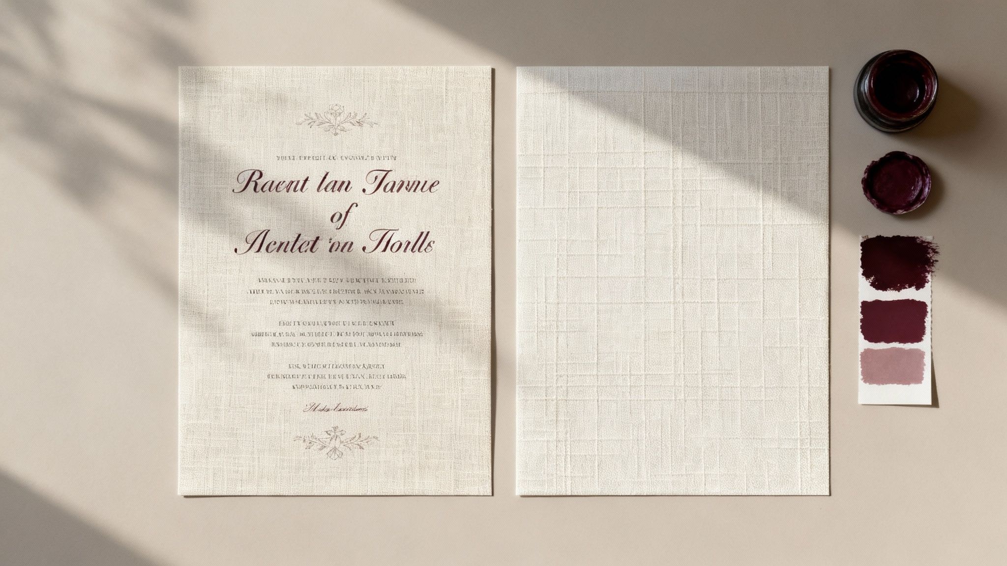 Elegant wedding invitation printed on natural linen paper with burgundy color palette swatches