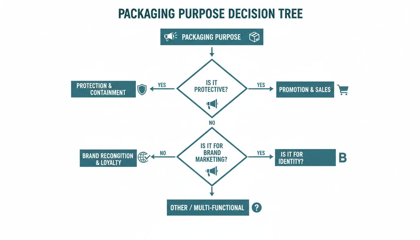 Decision tree flowchart showing packaging purposes: protection, promotion, brand marketing, and other functions.