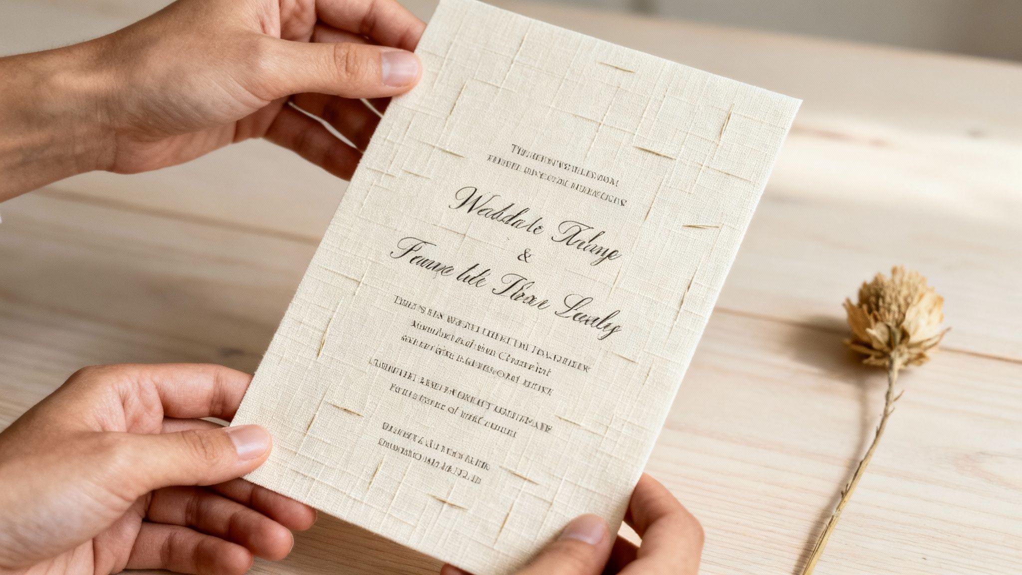 Hands holding elegant wedding invitation printed on textured cream linen paper with calligraphy