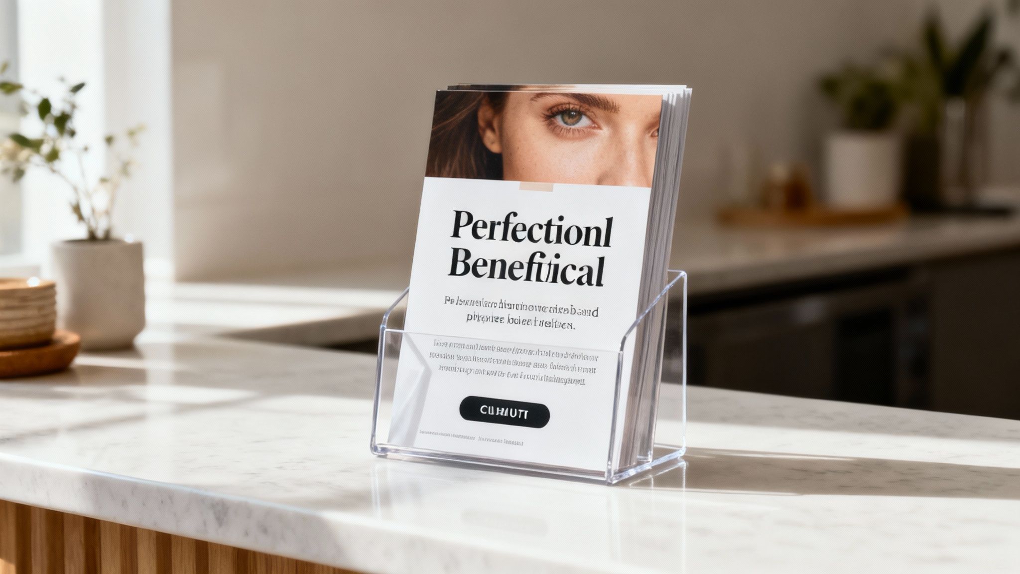 Close-up of marketing rack cards in an acrylic holder on a pristine marble kitchen counter.