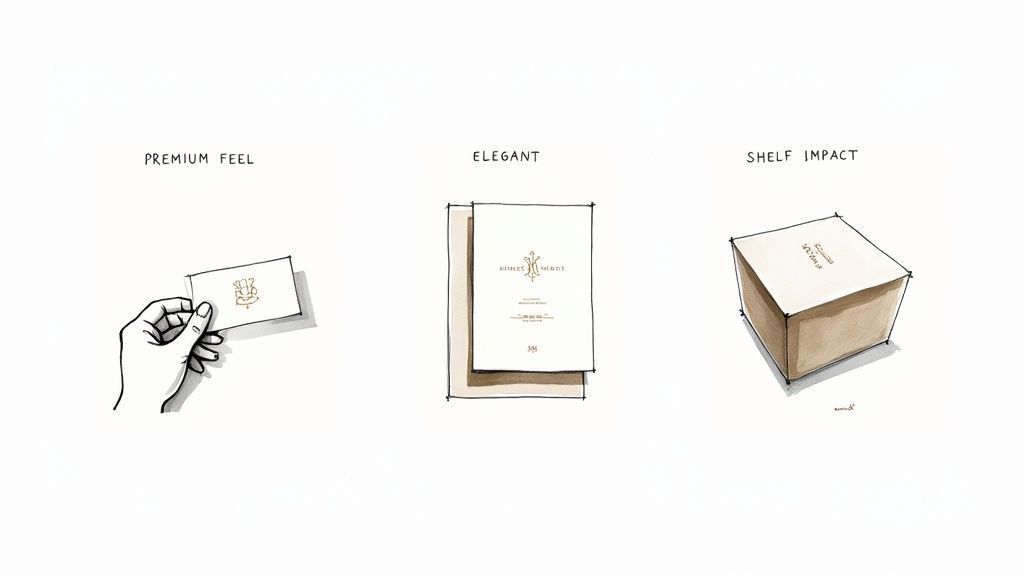 Illustrations demonstrating premium feel, elegant design, and shelf impact using gold foil stamping on packaging and cards.