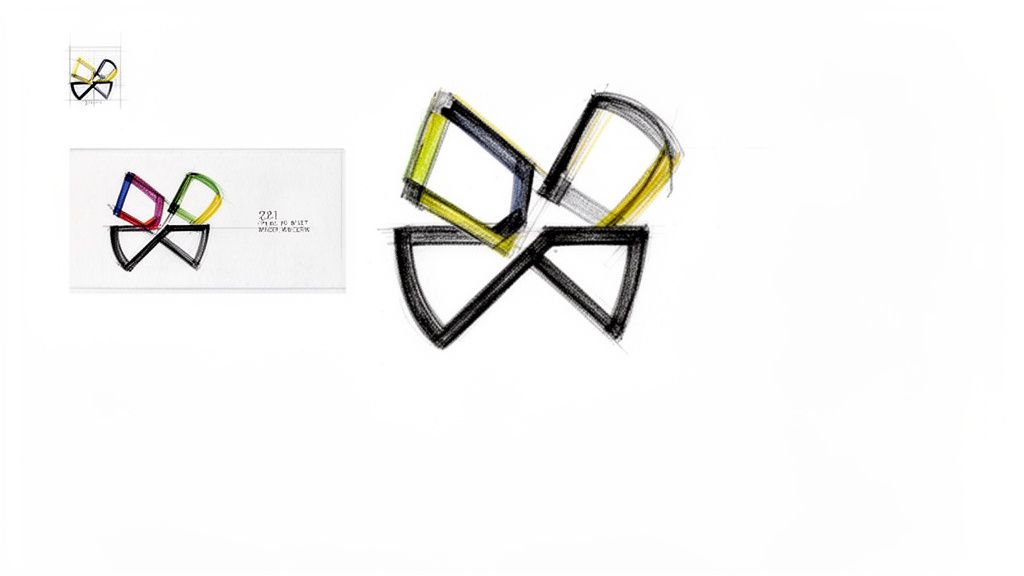 Sketches and a business card mock-up showcasing an abstract, colorful geometric logo design process.