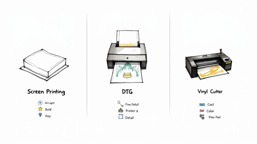 Illustration comparing screen printing, DTG, and vinyl cutting methods with their respective features and icons.