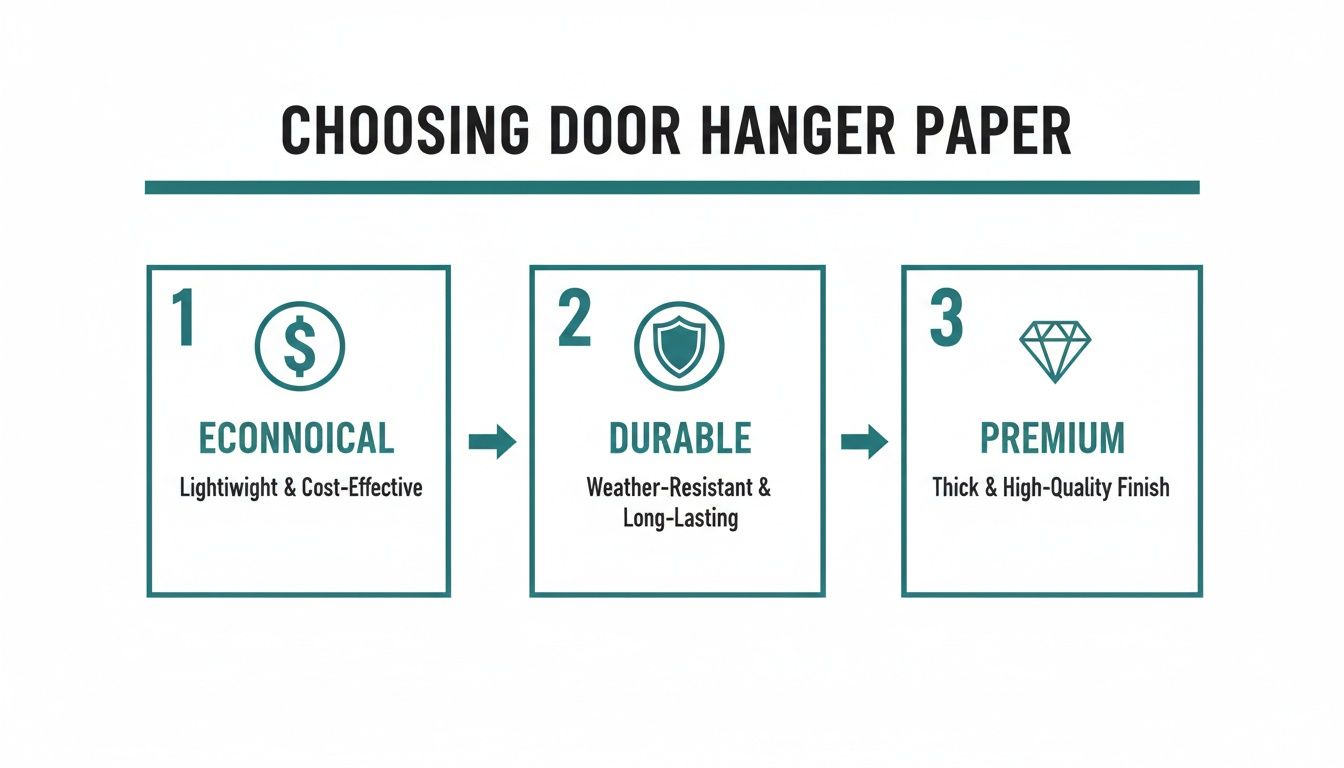 Diagram illustrating how to choose door hanger paper based on economical, durable, and premium options.