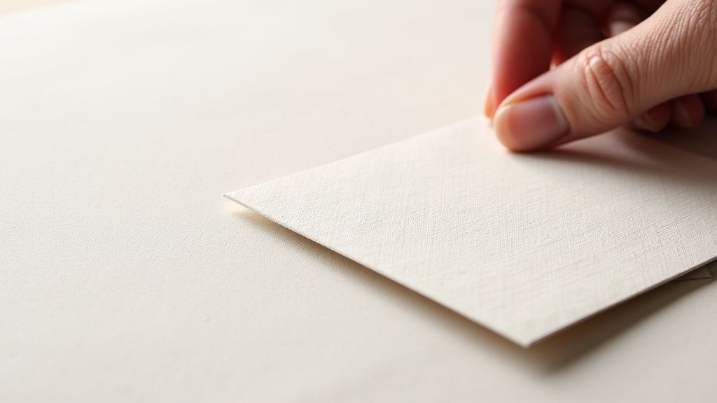 A close-up of a hand gently touching or lifting a textured, off-white linen paper card.