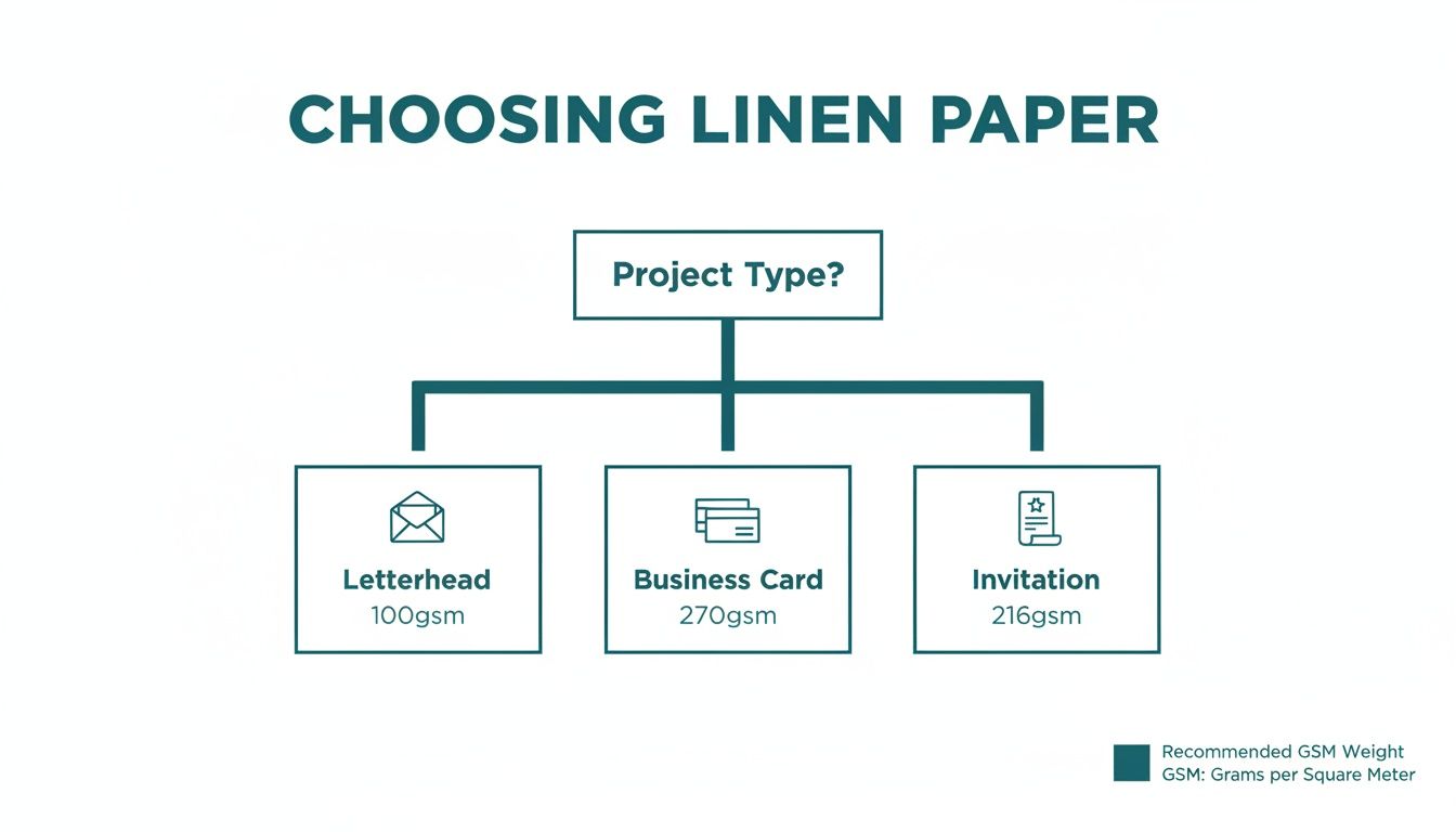 Flowchart showing recommended GSM weights for linen paper by project type: Letterhead, Business Card, Invitation.