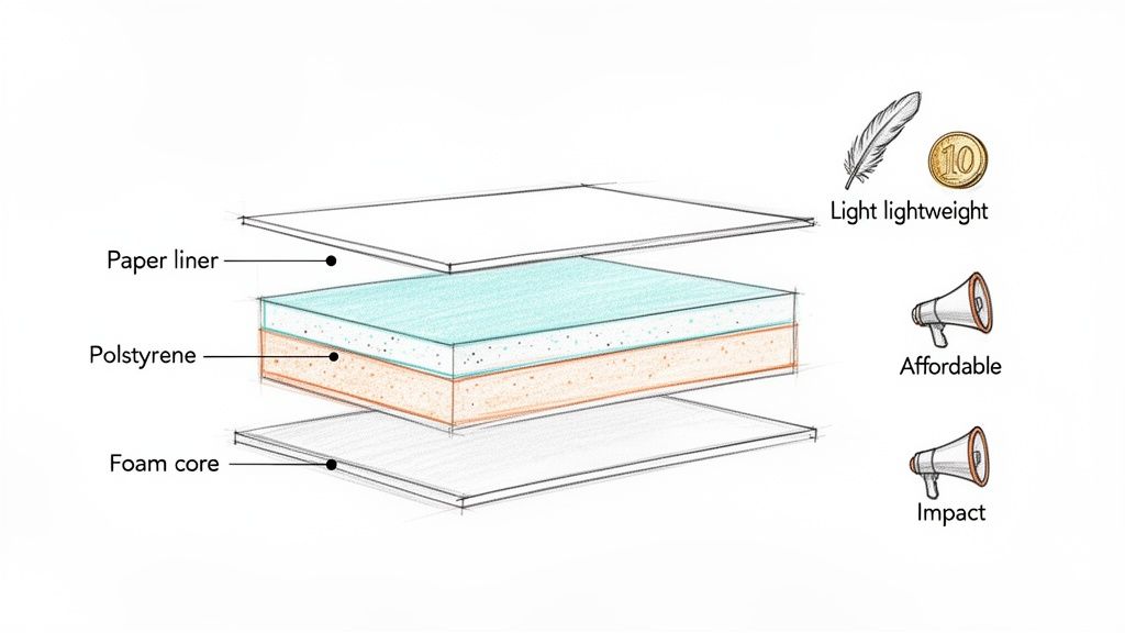 Exploded view diagram of a foam board, showing paper liner, polystyrene, and foam core layers, highlighting its lightweight, affordable, and impact properties.