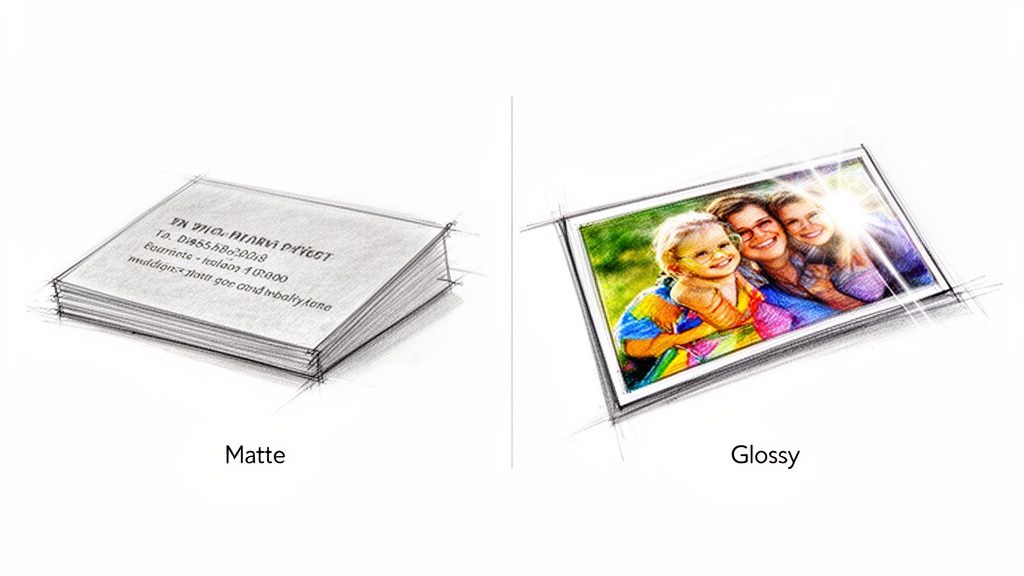 Two illustrations comparing a stack of matte cards with text and a glossy photo of smiling people.