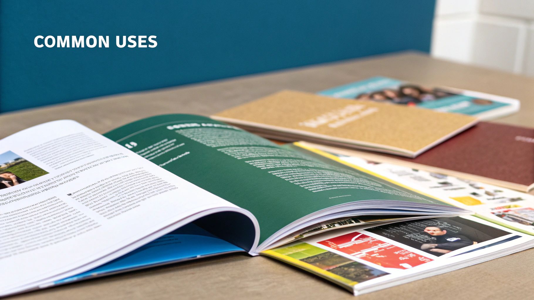 A collection of saddle-stitched magazines and catalogs.