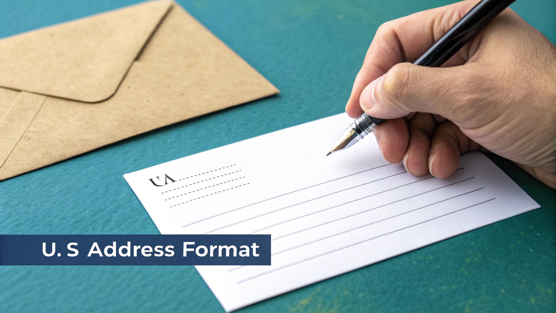 Woman addressing a postcard with a pen and stamps nearby