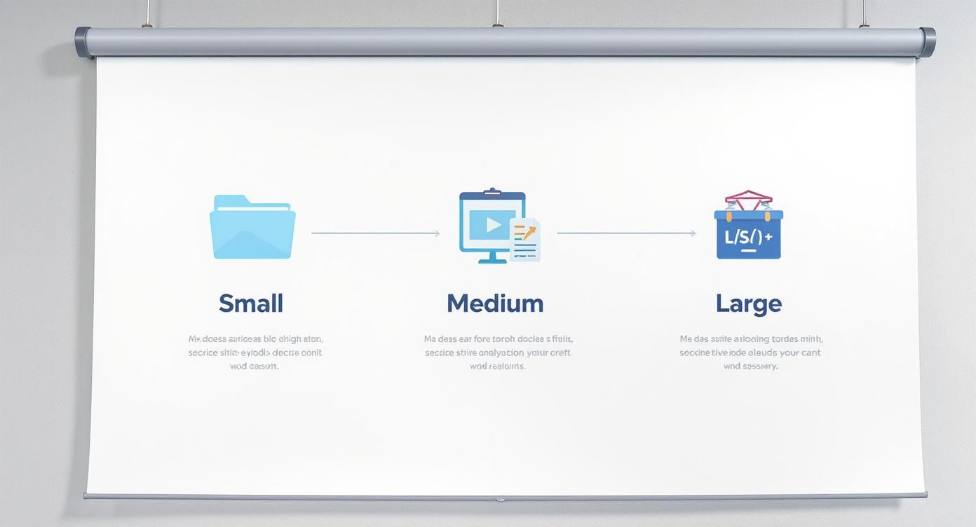 An infographic on a projector screen illustrating three stages of size progression: Small, Medium, and Large.