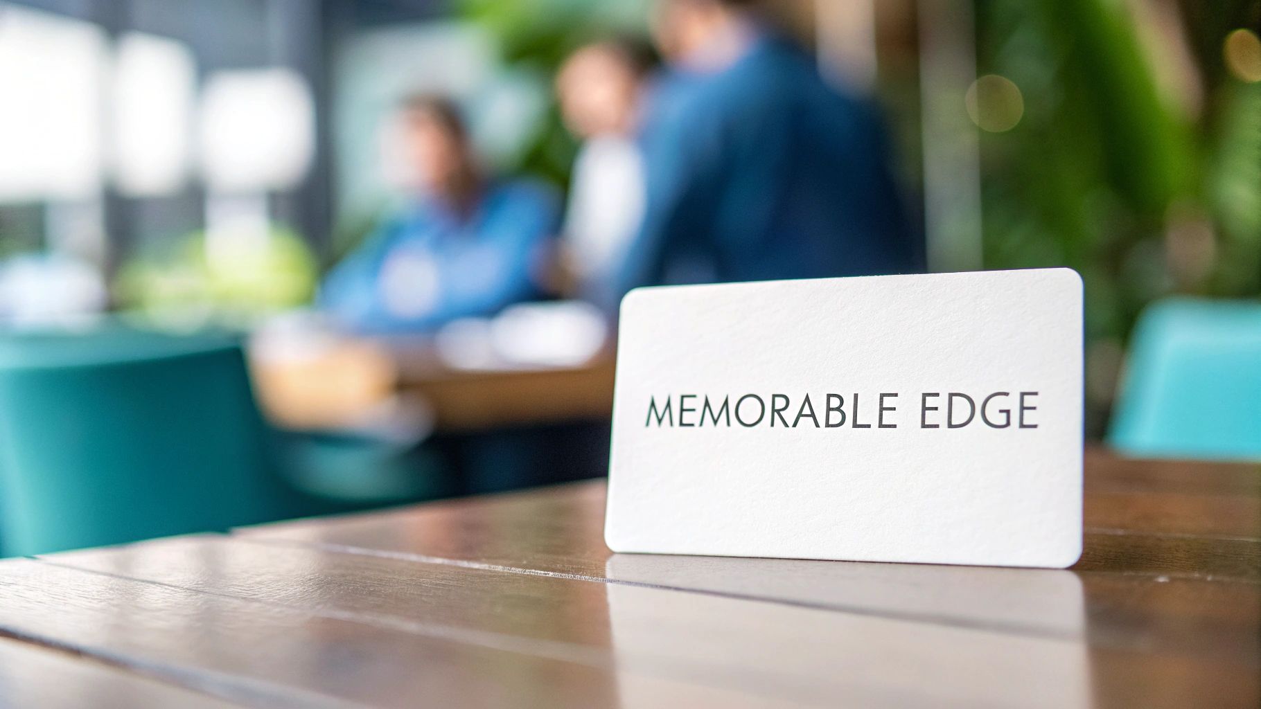 A person holding a business card with rounded corners, showing its professional and modern design.