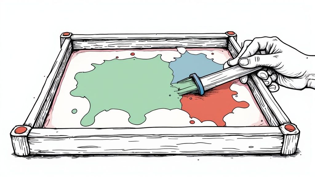 An offset printing press with large rollers and sheets of paper running through it.